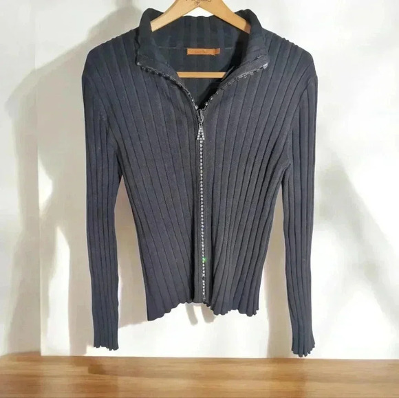 Cable knit sweater Unique Rhinestone Zipper sz L Black - Picture 1 of 7